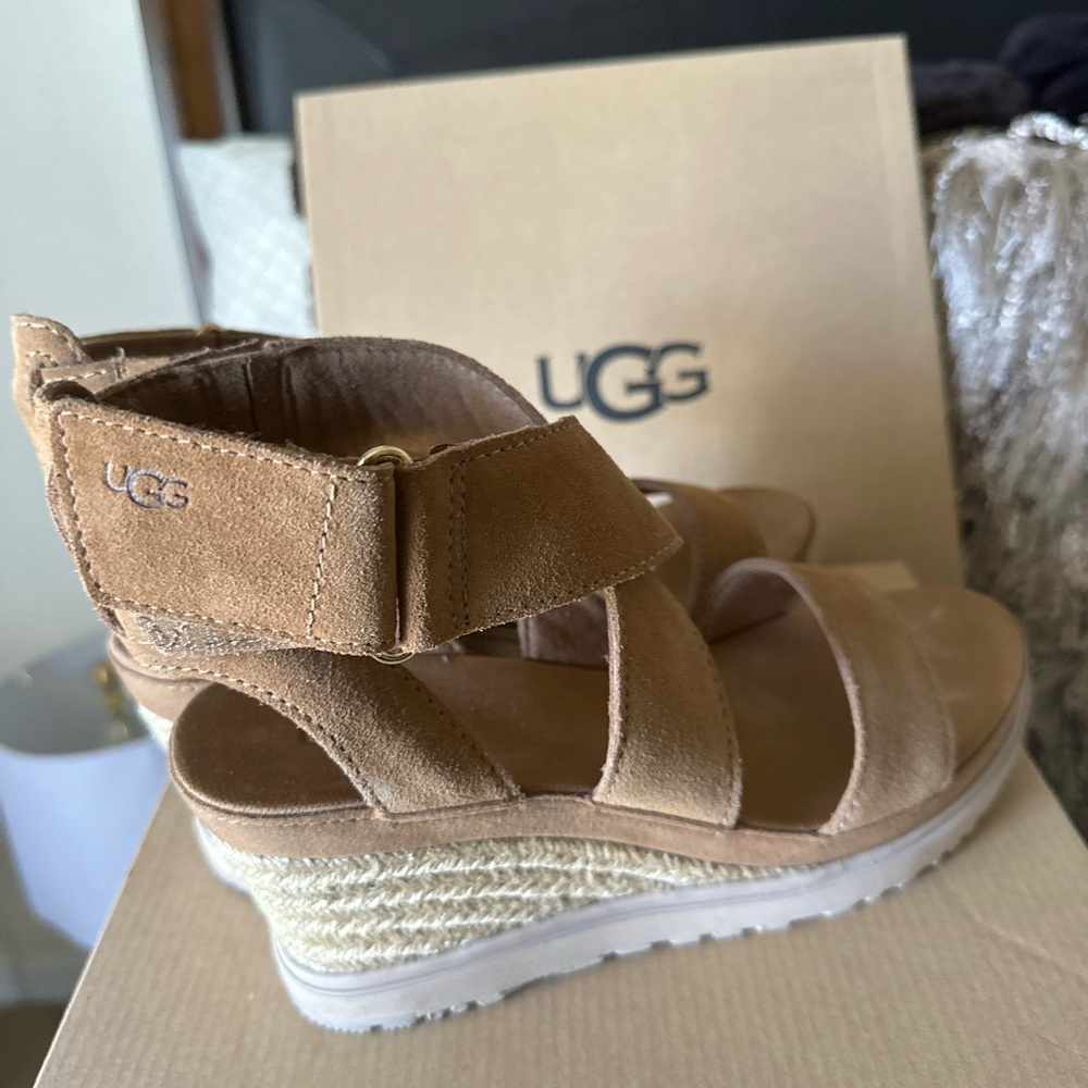 UGG Women's Beige Suede Wedge Sandals